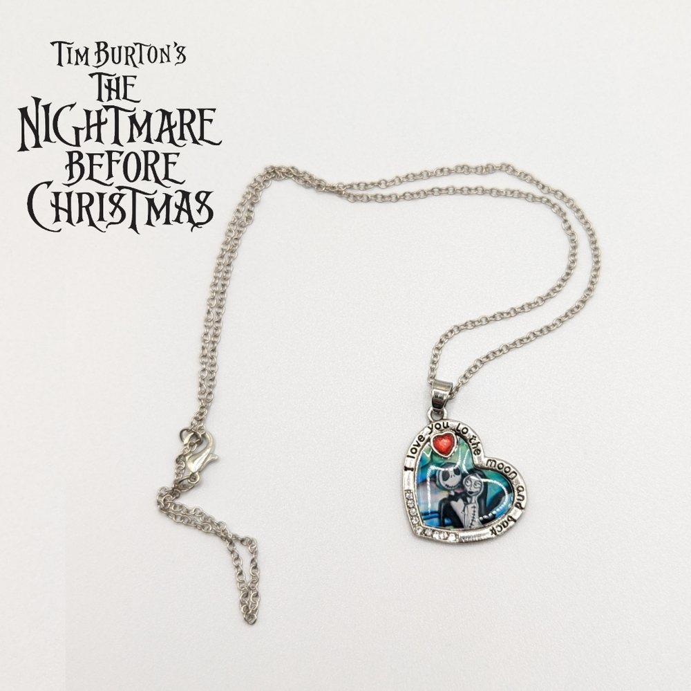 Nightmare Before Christmas Jack Skellington & Sally Heart Silver Necklace